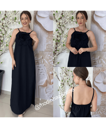 Vestido Linho Flor Preto